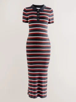 Navy Stripe Maternity Collared Knit Dress