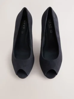 Navy Suede Premium Leather Peep Toe Heels