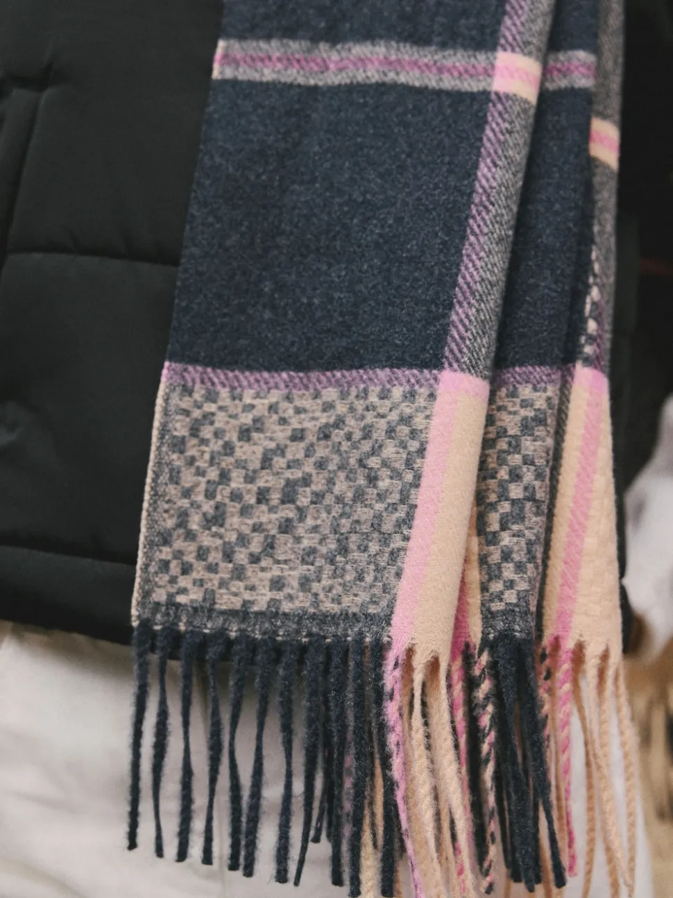 Navy Texture Check Midweight Scarf