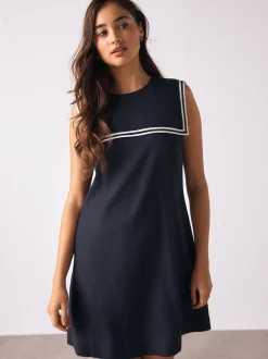 Navy with Ecru Tipping Sailor Collar Mini Dress with Linen