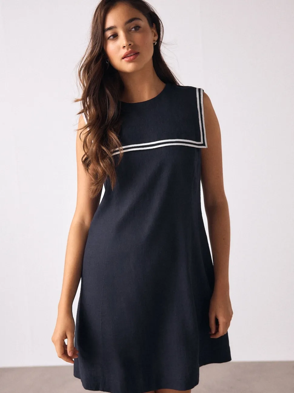 Navy with Ecru Tipping Sailor Collar Mini Dress with Linen