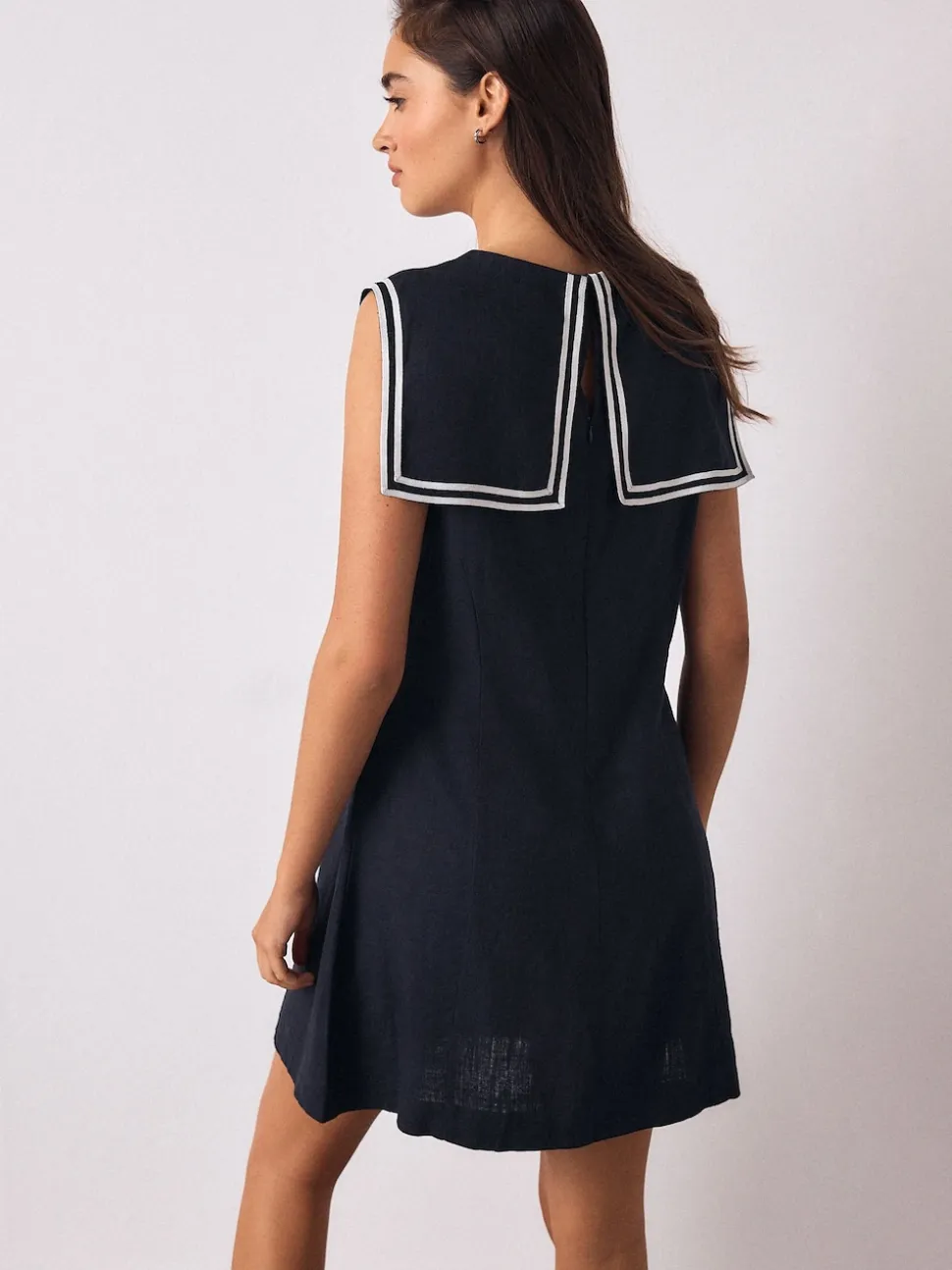 Navy with Ecru Tipping Sailor Collar Mini Dress with Linen