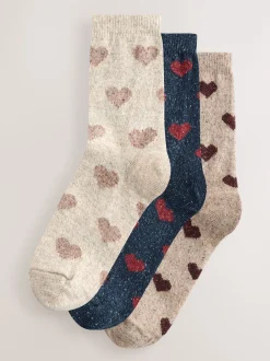 Navy/Berry Hearts Thermal Wool Blend Ankle Socks 3 Pack With Silk
