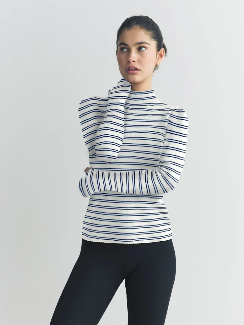 Navy/Cream Stripe Thermal Maximum Warmth Cosy Ribbed Roll Neck Top