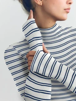 Navy/Cream Stripe Thermal Maximum Warmth Cosy Ribbed Roll Neck Top