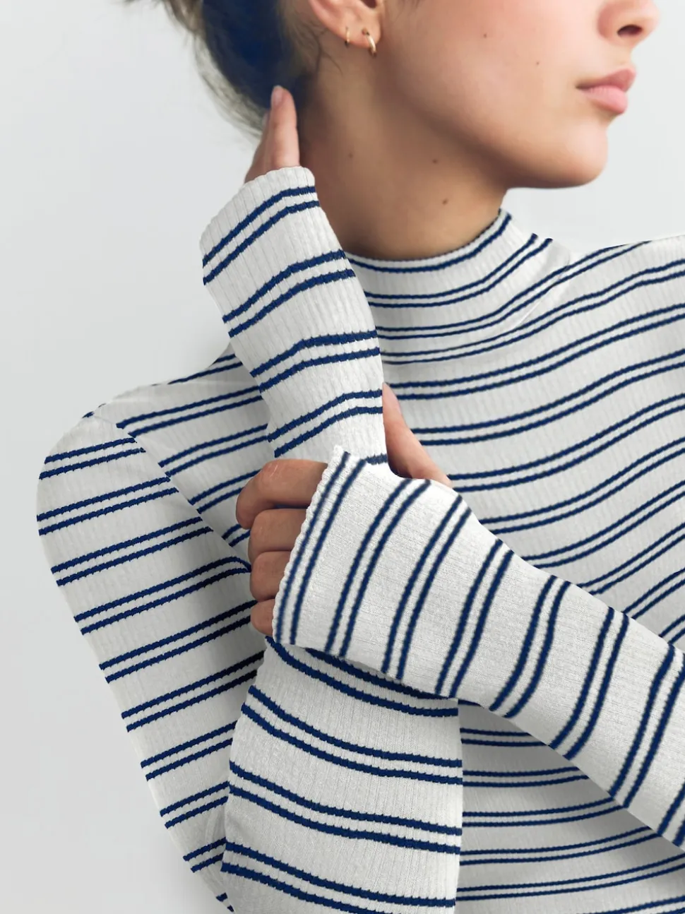Navy/Cream Stripe Thermal Maximum Warmth Cosy Ribbed Roll Neck Top
