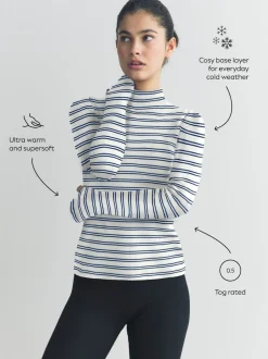 Navy/Cream Stripe Thermal Maximum Warmth Cosy Ribbed Roll Neck Top