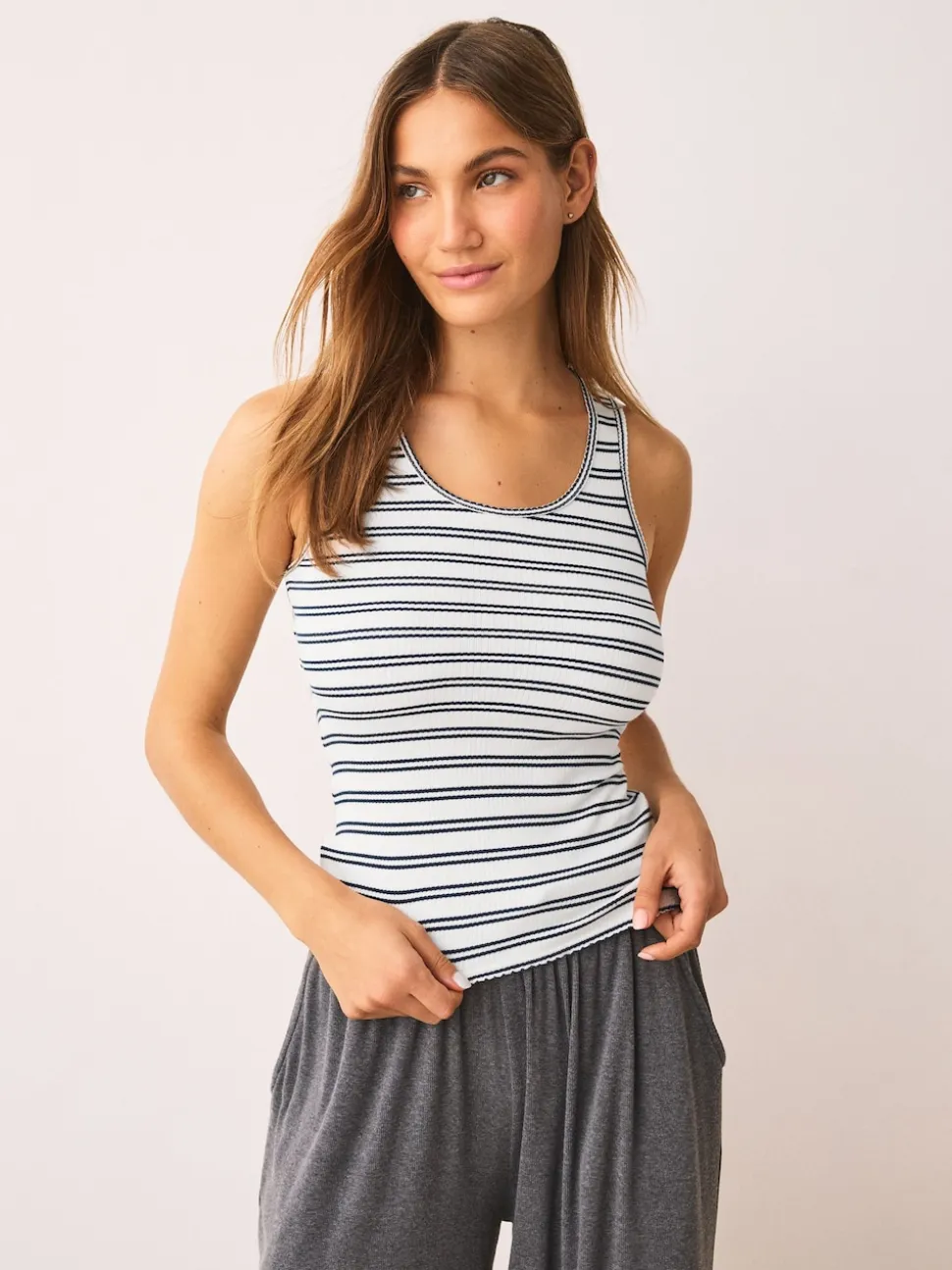 Navy/Cream Stripe Thermal Maximum Warmth Cosy Ribbed Vest