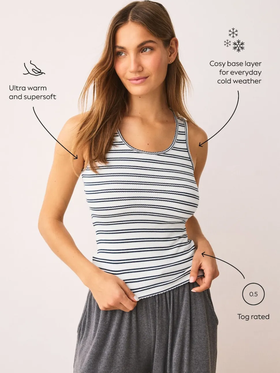 Navy/Cream Stripe Thermal Maximum Warmth Cosy Ribbed Vest