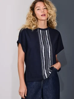 Navy/Ecru Stripe Short Sleeve Keyhole Crew Neck Top