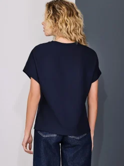 Navy/Ecru Stripe Short Sleeve Keyhole Crew Neck Top