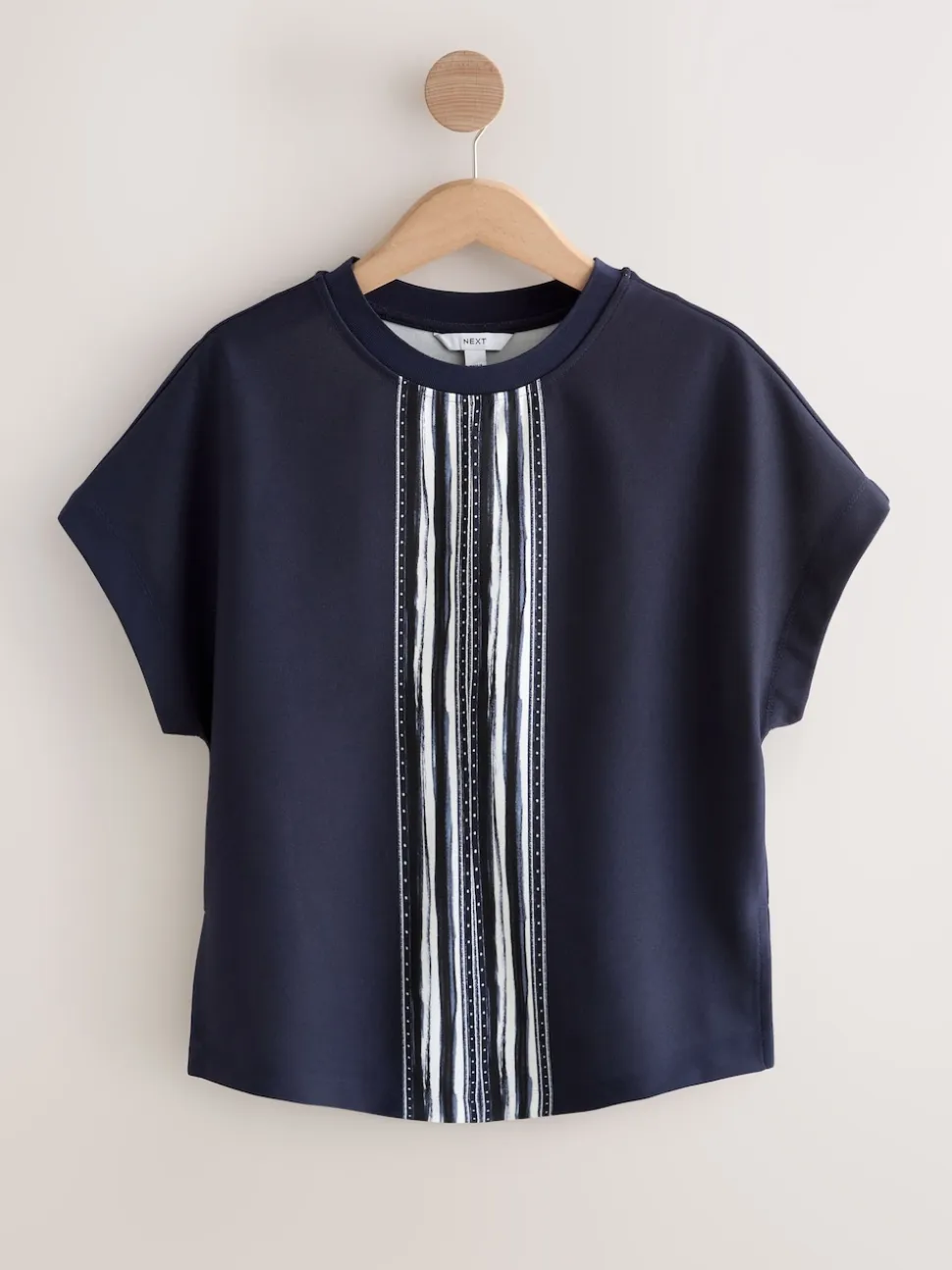 Navy/Ecru Stripe Short Sleeve Keyhole Crew Neck Top