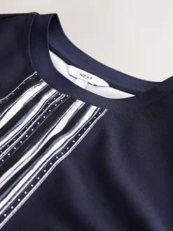 Navy/Ecru Stripe Short Sleeve Keyhole Crew Neck Top