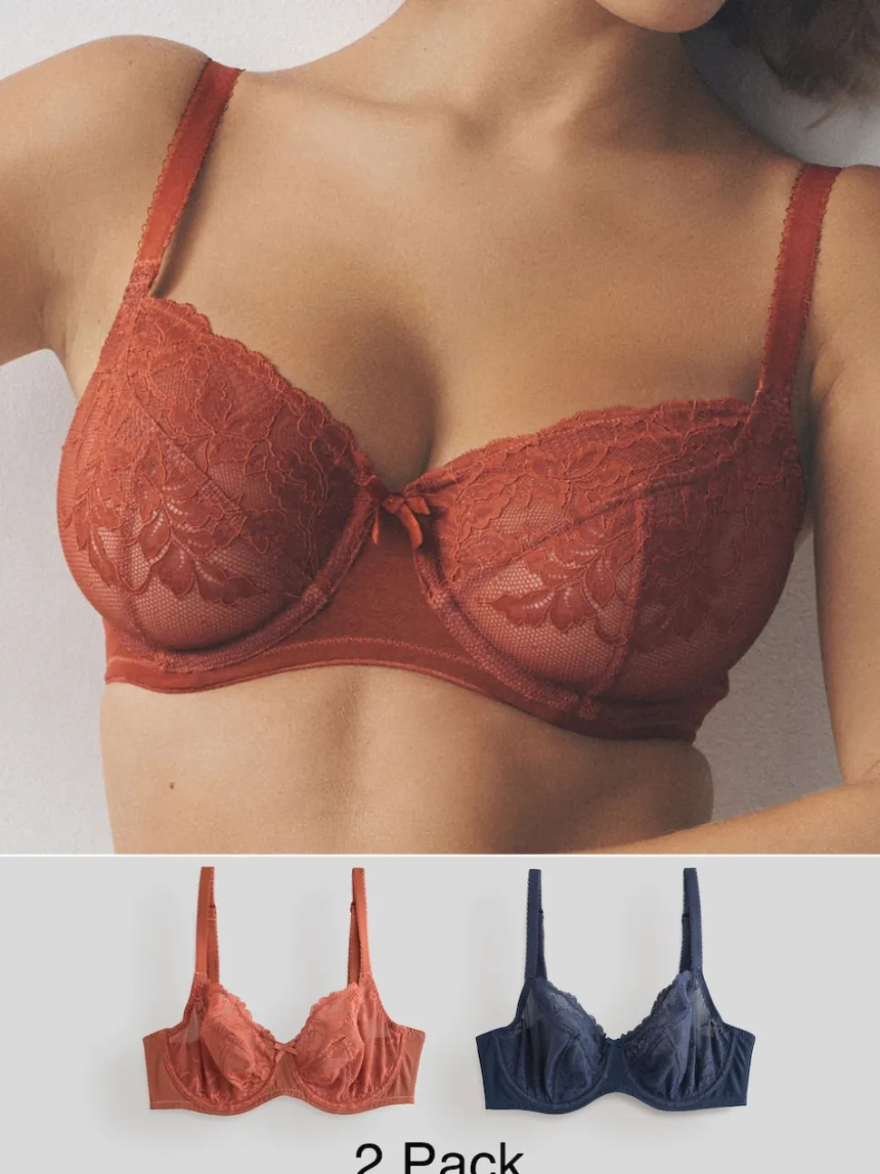 Navy/Rust Non Pad Balcony DD+ Lace Bras 2 Pack