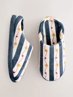 Navy/White Stripe Plush Mule Slippers