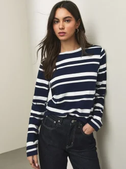 Navy/White Striped Long Sleeve Crew Neck T-Shirt