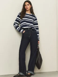 Navy/White Striped Long Sleeve Crew Neck T-Shirt