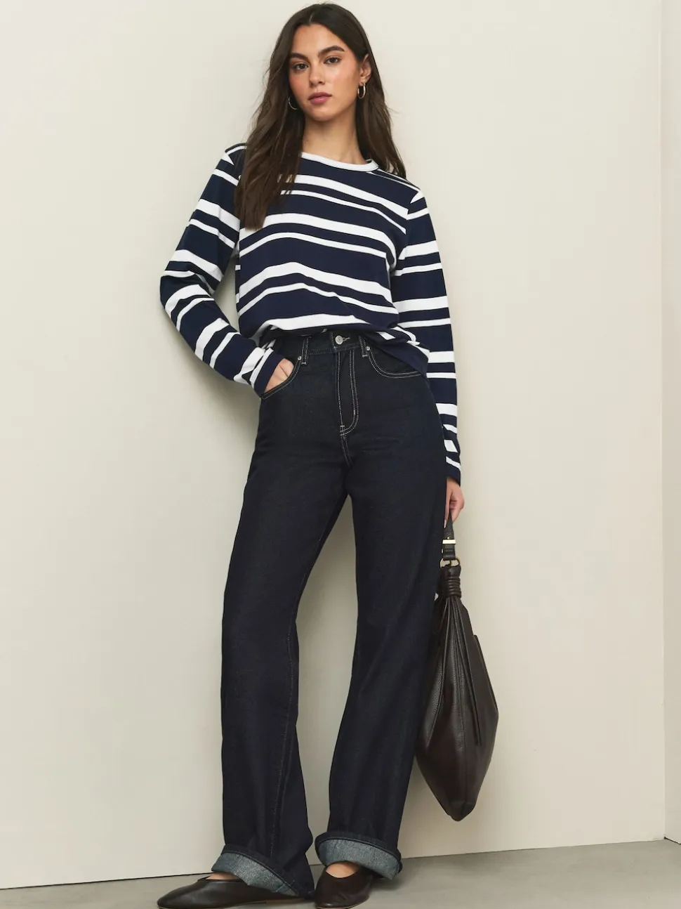 Navy/White Striped Long Sleeve Crew Neck T-Shirt