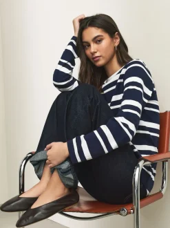 Navy/White Striped Long Sleeve Crew Neck T-Shirt