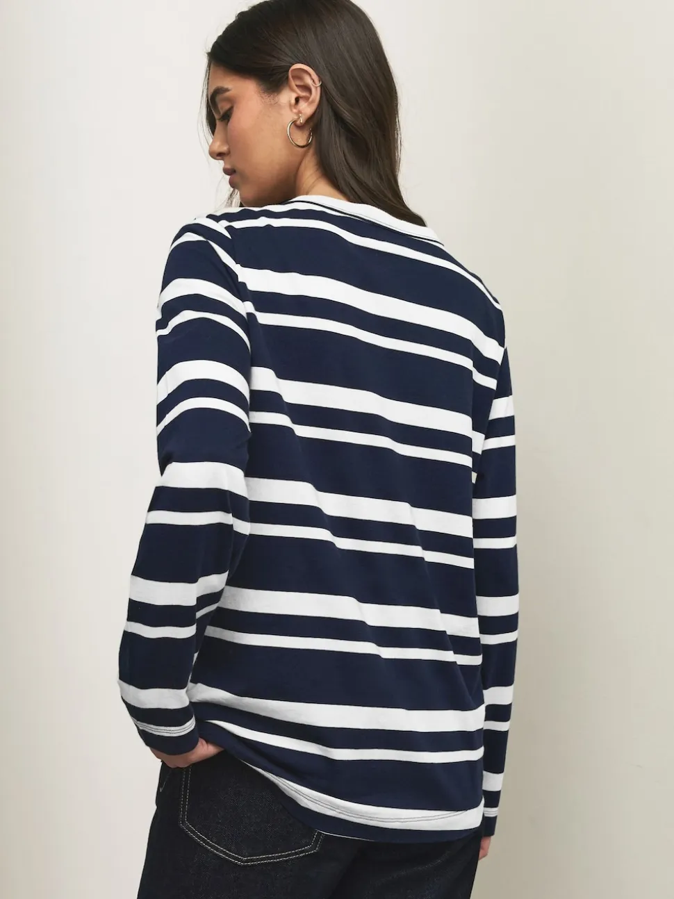 Navy/White Striped Long Sleeve Crew Neck T-Shirt