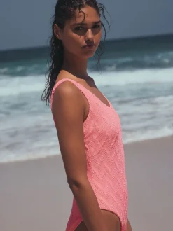 Neon Coral Pink Textured Scoop Neck Tummy Control Swimsuit