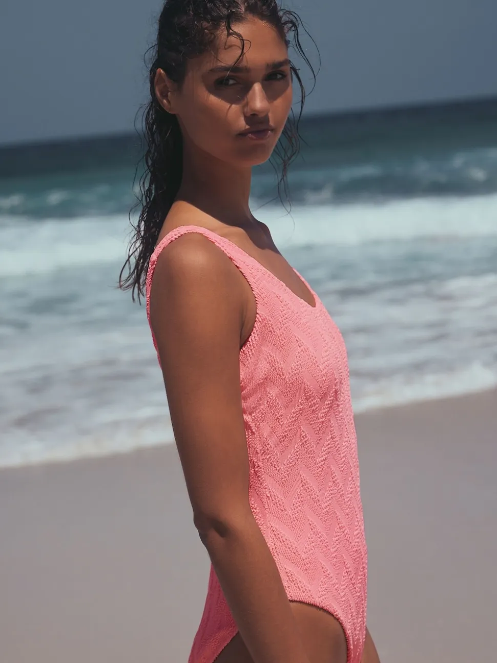 Neon Coral Pink Textured Scoop Neck Tummy Control Swimsuit