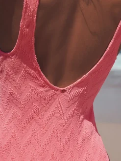 Neon Coral Pink Textured Scoop Neck Tummy Control Swimsuit
