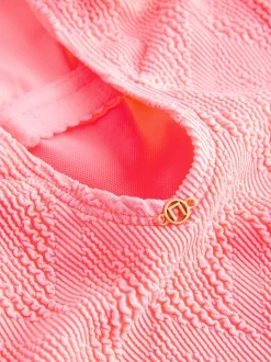 Neon Coral Pink Textured Scoop Neck Tummy Control Swimsuit
