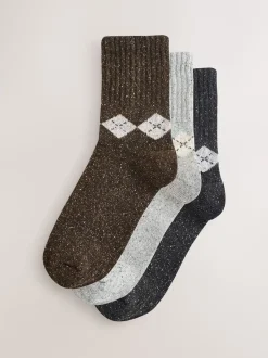 Neutral Argyle Thermal Wool Blend Ankle Socks 3 Pack With Silk