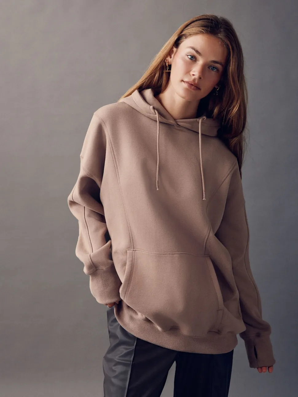 Neutral Brown Relaxed Fit Longline Hoodie