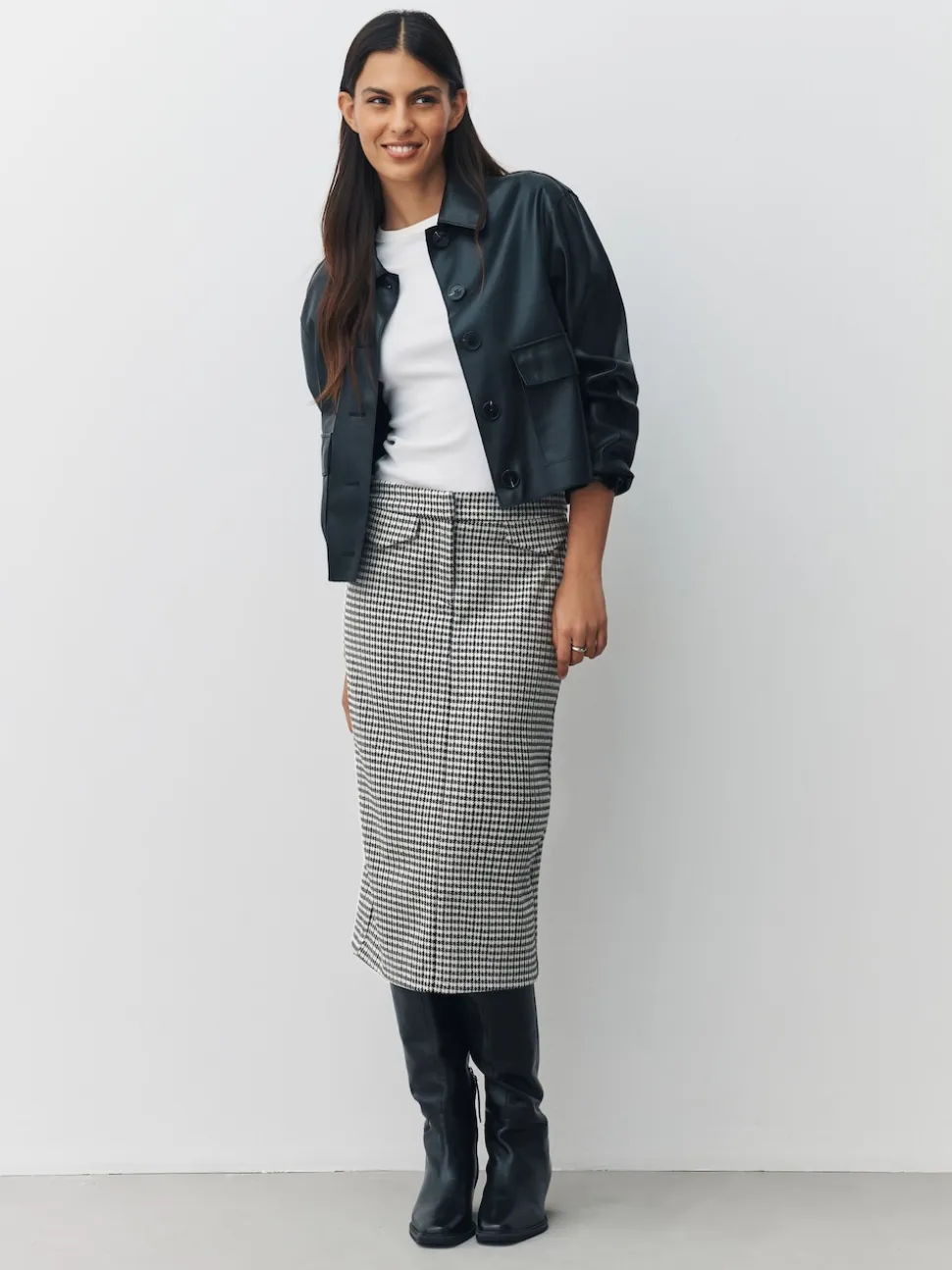 Neutral Check Ponte Pencil Skirt