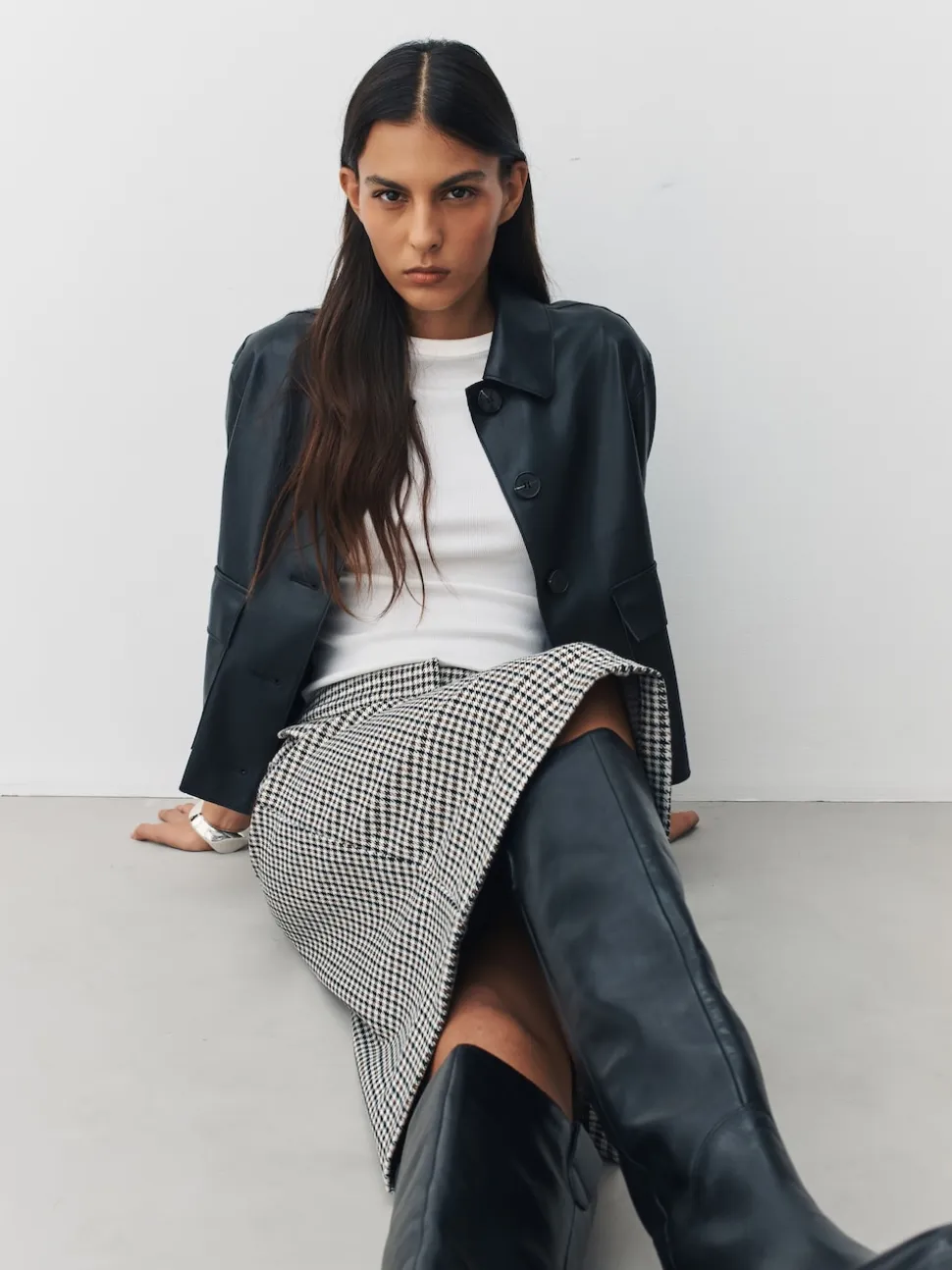 Neutral Check Ponte Pencil Skirt