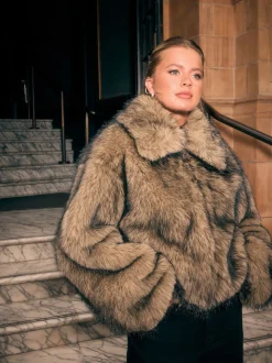 Neutral Faux Fur Zip Through Jacket