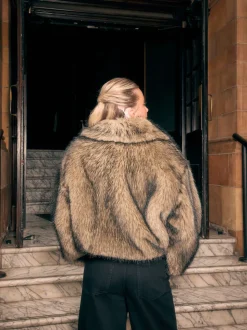 Neutral Faux Fur Zip Through Jacket