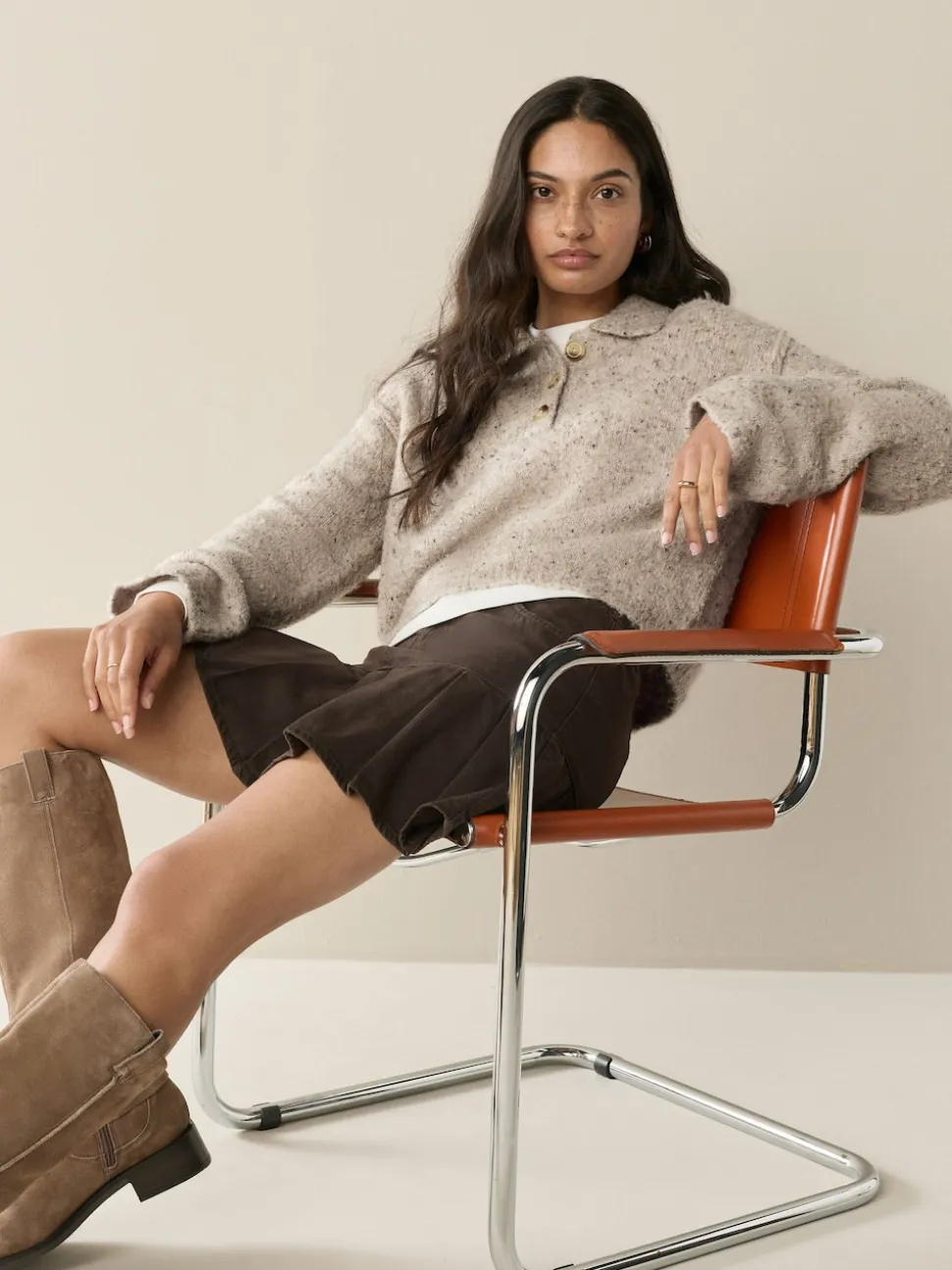 Neutral Neppy Boucle Long Sleeve Polo Jumper