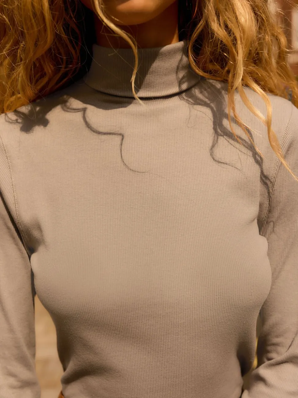 Neutral Ribbed High Neck Long Sleeve T-Shirt
