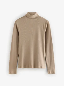 Neutral Ribbed High Neck Long Sleeve T-Shirt
