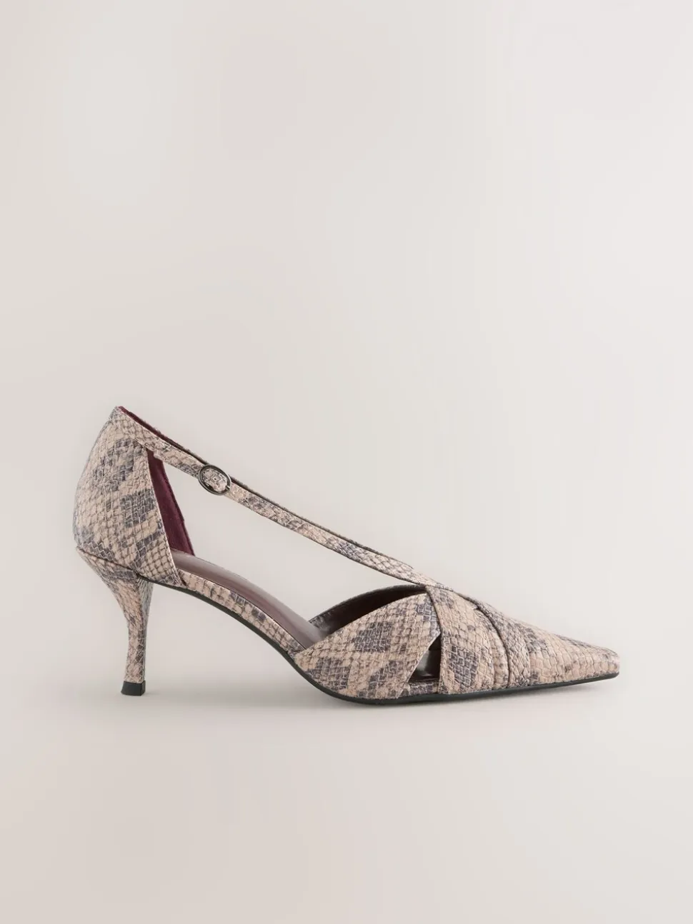 Neutral Snake Forever Comfort® Pointed Toe Strappy Asymmetric Court Heels