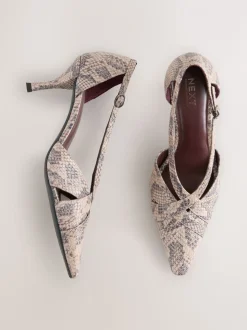 Neutral Snake Forever Comfort® Pointed Toe Strappy Asymmetric Court Heels