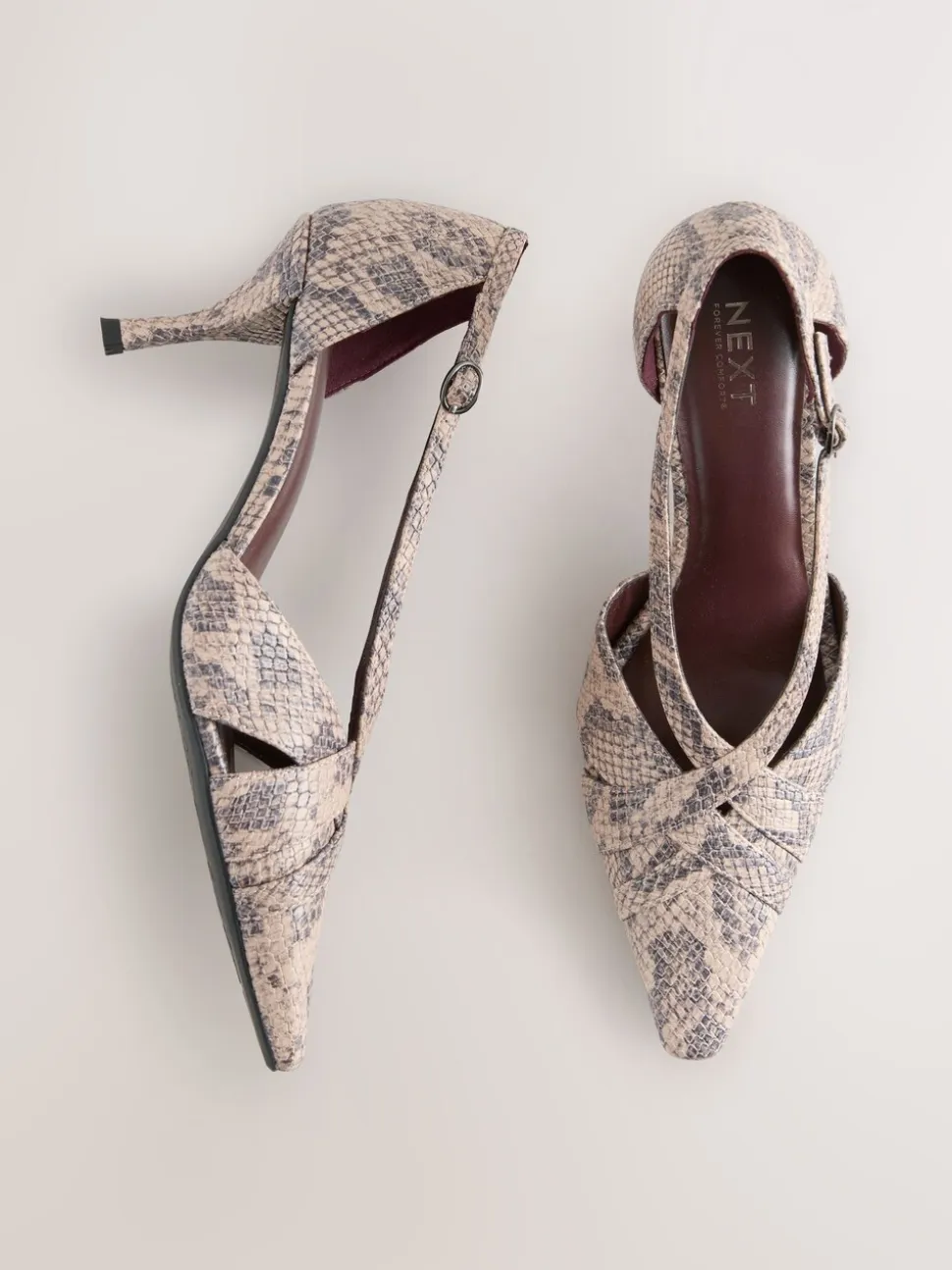 Neutral Snake Forever Comfort® Pointed Toe Strappy Asymmetric Court Heels