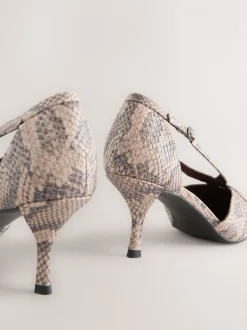 Neutral Snake Forever Comfort® Pointed Toe Strappy Asymmetric Court Heels