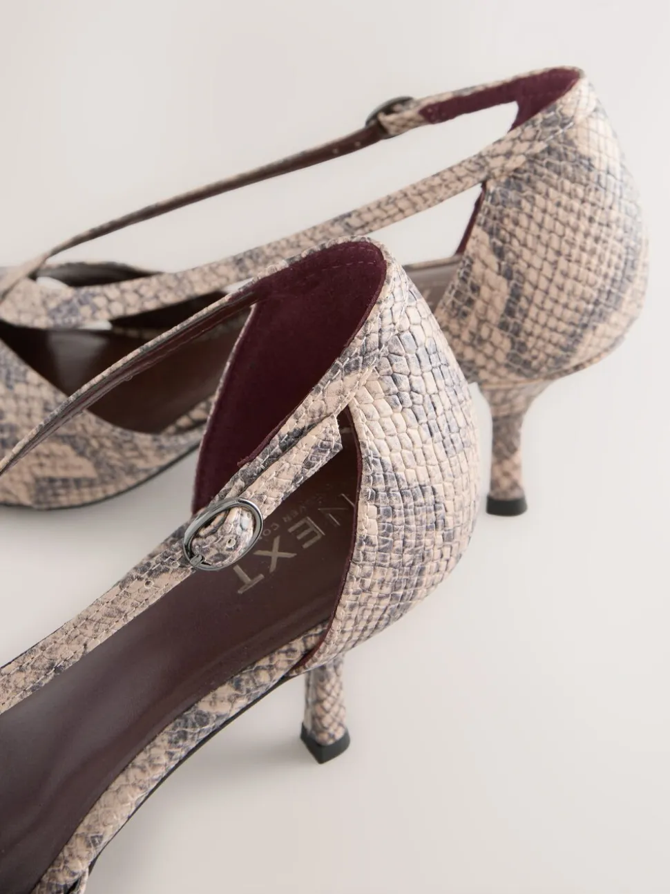 Neutral Snake Forever Comfort® Pointed Toe Strappy Asymmetric Court Heels