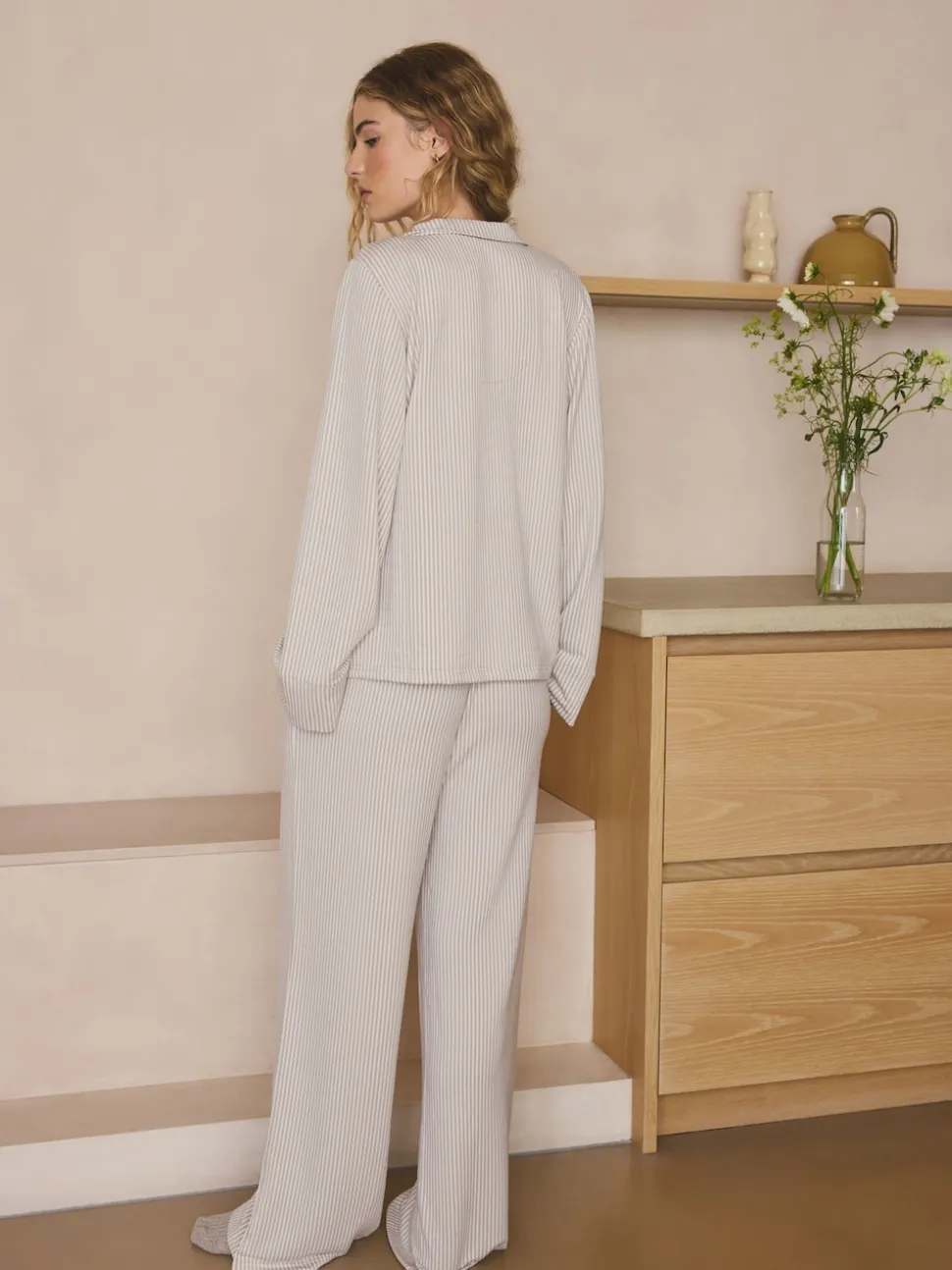 Neutral Stripe Jersey Button Through Pyjamas