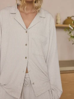 Neutral Stripe Jersey Button Through Pyjamas