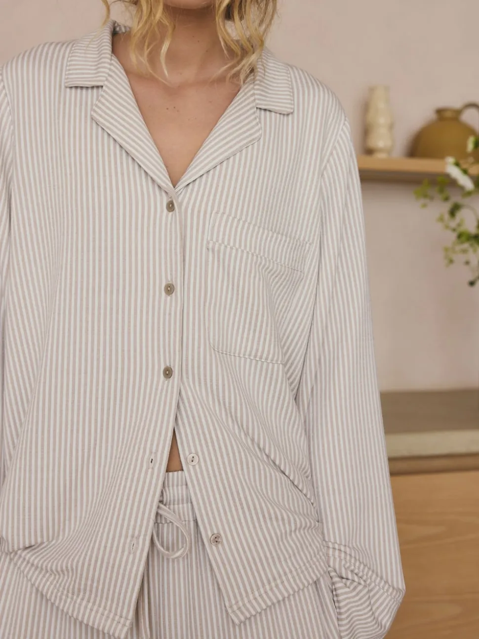 Neutral Stripe Jersey Button Through Pyjamas
