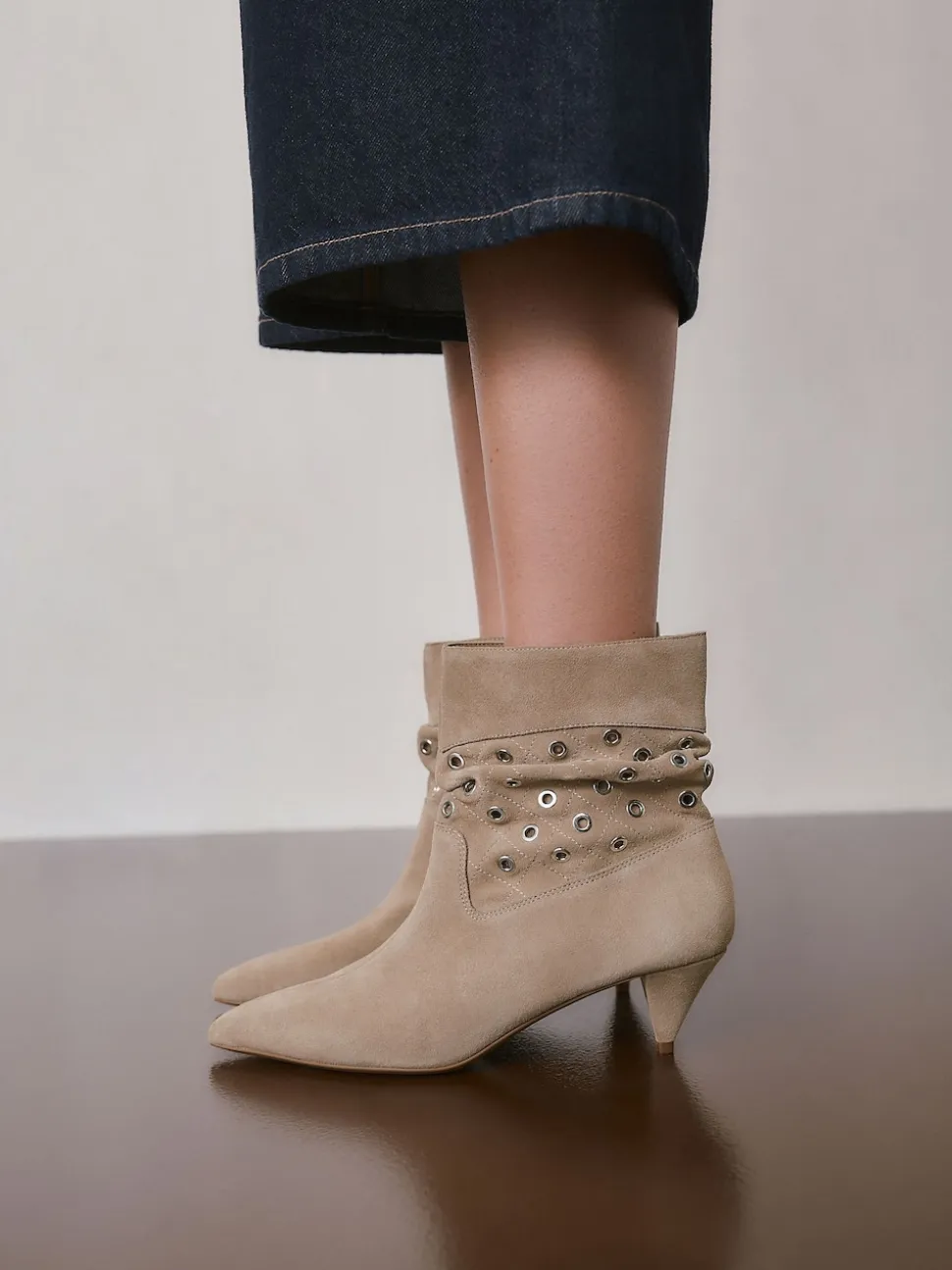 Neutral Suede Forever Comfort® Eyelet Embellished Ankle Boots