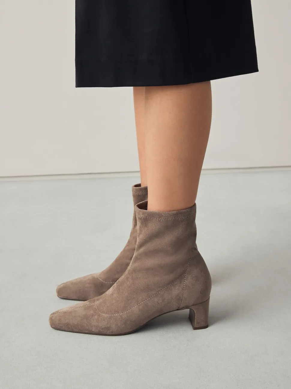 Neutral Taupe Standard/Wide Fit Chisel Toe Block Heel Sock Boots