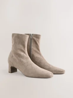 Neutral Taupe Standard/Wide Fit Chisel Toe Block Heel Sock Boots
