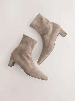 Neutral Taupe Standard/Wide Fit Chisel Toe Block Heel Sock Boots