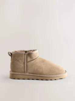 Neutral Taupe Suede Extra Wide Fit Water Repellent Faux Fur Ankle Boots